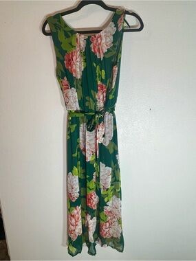 Enfocus Studio Green Pink Floral Maxi Dress Size 14 Sleeveless Belted